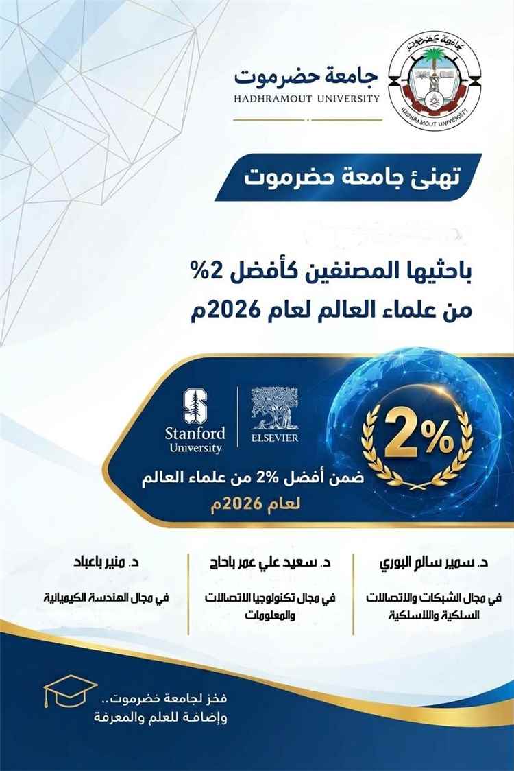 إنجاز يمني جديد: باحثو حضرموت ضمن أفضل 2% عالميًا