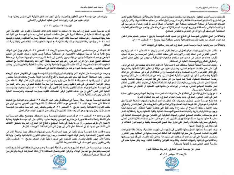 مؤسسة ضمير للحقوق والحريات تدين الإجراءات التعسفية وتؤكد تمسكها بالعمل المدني المستقل