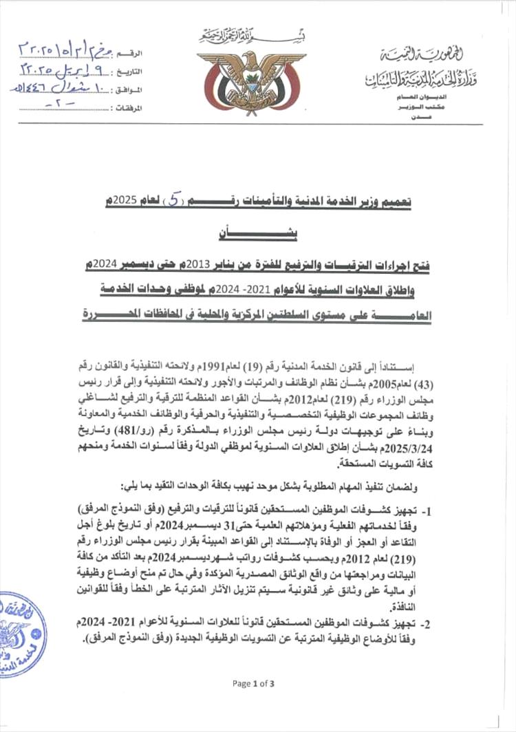 الخدمة المدنية تُقر فتح إجراءات الترقية والعلاوات السنوية لموظفي الدولة للأعوام 2013 - 2024
