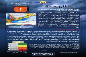الأرصاد الجوية تحذر من أمطار رعدية ورياح شديدة مصاحبة لها في عدة محافظات
