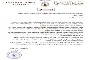 حلف قبائل شبوة برئاسة الشيخ الخبيلي يعلن تأييدًا لتوجهات المجلس الانتقالي والشعب الجنوبي (بيان)
