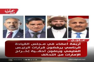 عاجل : أربعة أعضاء في مجلس القيادة الرئاسي يرفضون قرارات الرئيس العليمي وينفون أحقية إخراج الإمارات من التحالف