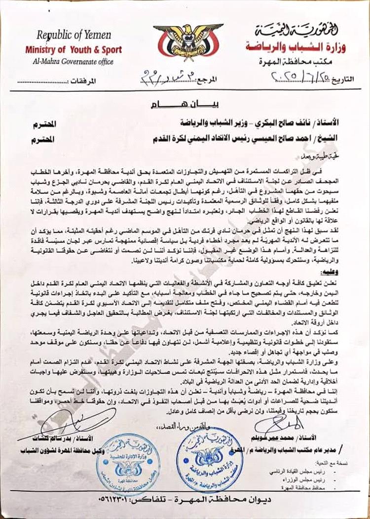 أندية المهرة تعلن تعليق التعاون مع اتحاد كرة القدم وتلوح بالتصعيد القانوني