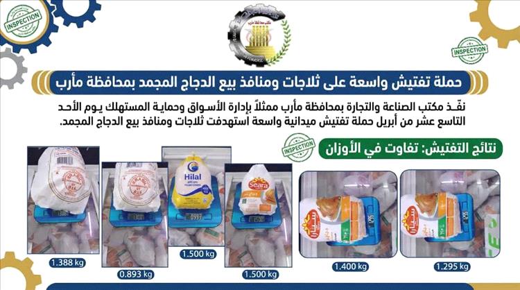حملة تفتيش في مأرب تسفر عن ضبط مخالفة في وزن بيع الدجاج المجمد