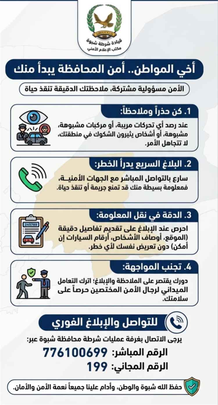 أمن شبوة يبدأ من المواطن.. دعوة للإبلاغ عن أي تحركات مشبوهة