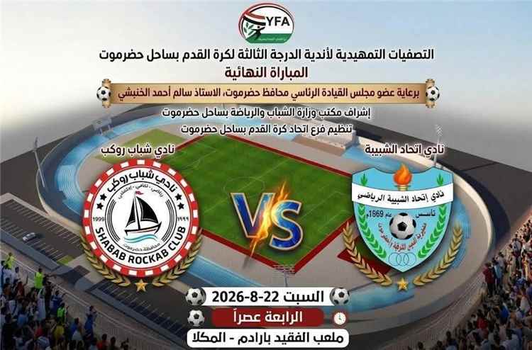 السبت.. اتحاد الشبيبة يواجه شباب روكب في نهائي ثالثة ساحل حضرموت