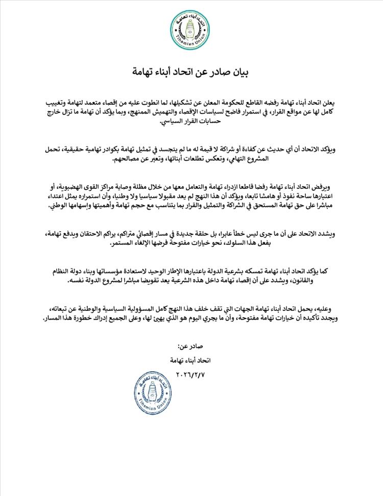 اتحاد أبناء تهامة يرفض الحكومة الجديدة ويؤكد: إقصاء تهامة يقوّض مشروع الدولة وخياراتنا مفتوحة