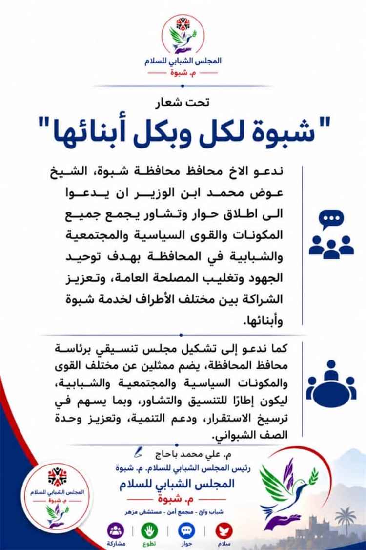 رئيس المجلس الشبابي للسلام بشبوة يدعو محافظ المحافظة إطلاق حوار شامل وتشكيل مجلس تنسيقي يوحد الجهود لخدمة شبوة