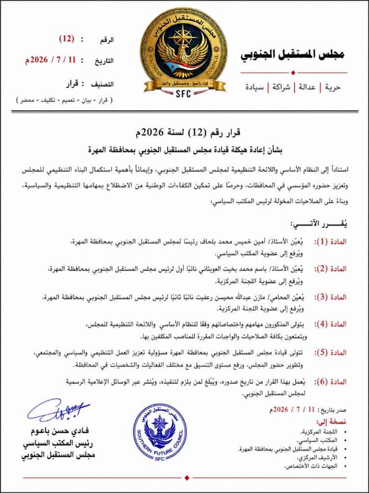 في إطار استكمال البناء المؤسسي.. مجلس المستقبل الجنوبي يعيد هيكلة قيادته في المهرة ويعزز تمثيلها في هيئاته العليا