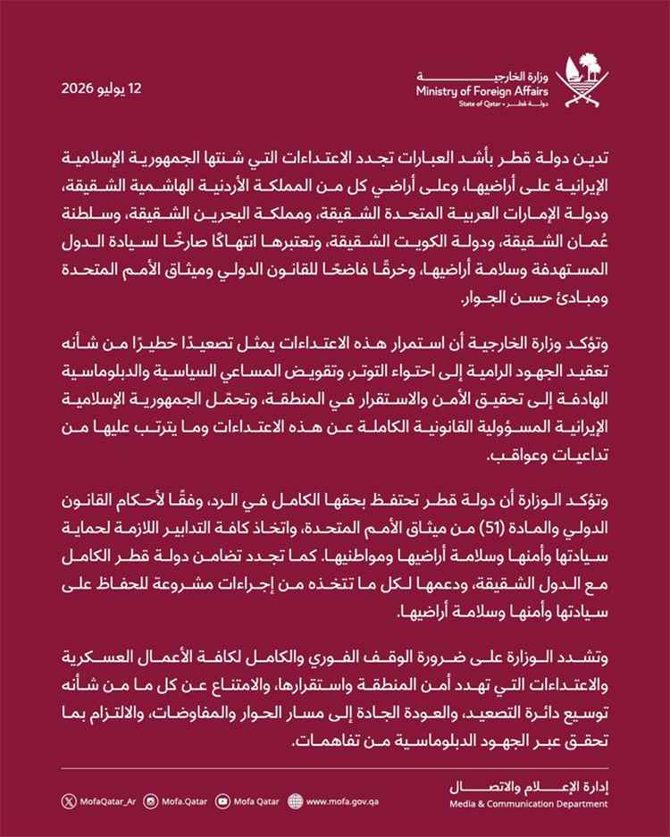 قطر تدين بأشد العبارات تجدد الاعتداءات الإيرانية على أراضيها وعدد من الدول الشقيقة