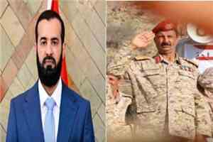 العميد محمد علي جبر يهنئ اللواء الدكتور مختار الرباش بتعيينه قائداً لمحور أبين وترقيته إلى رتبة لواء