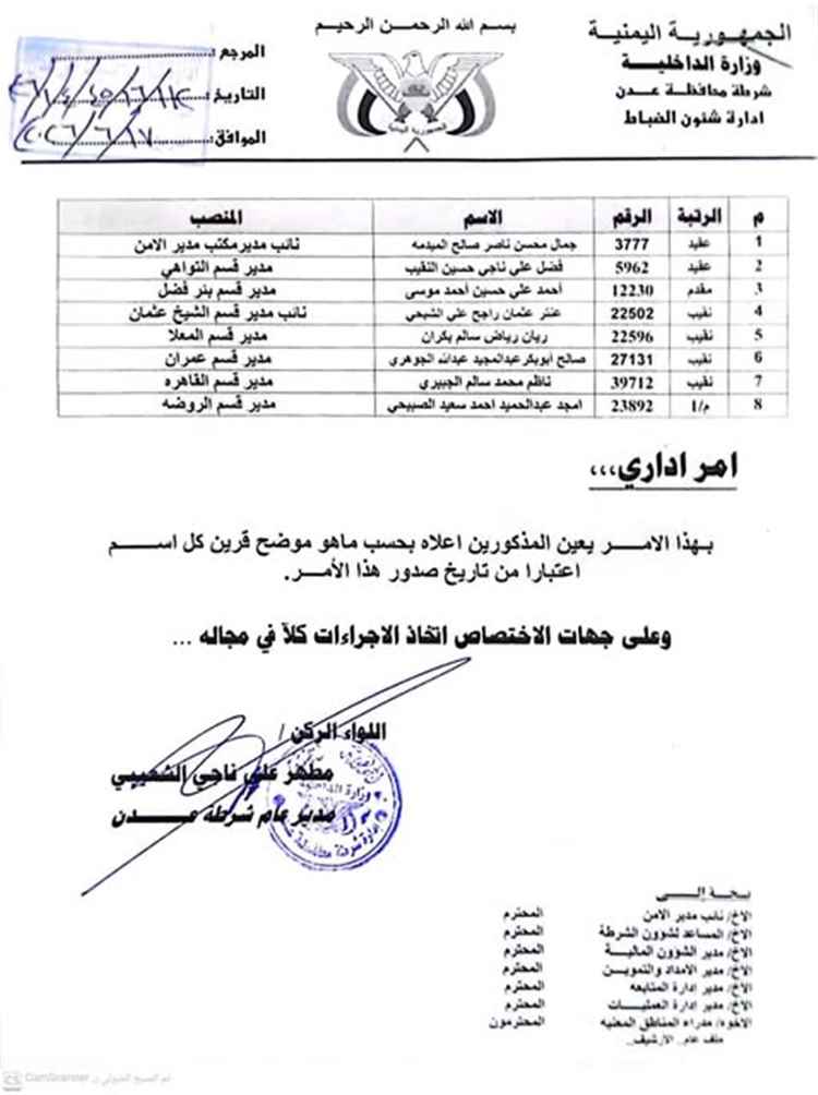 عاجل : مدير أمن عدن يصدر قرارات جديدة لتعيين مدراء أقسام الشرطة وتعزيز الأداء الأمني