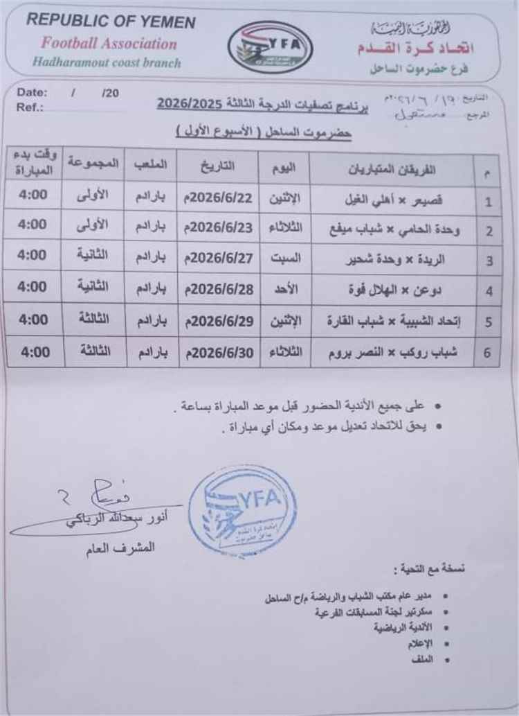 اتحاد قدم الساحل يصدر جدول مواجهات التصفيات التمهيدية لأندية الدرجة الثالثة موسم 2025-2026م