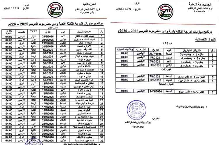 لجنة المسابقات في اتحاد كرة القدم بوادي حضرموت تعلن عن موعد انطلاق تصفيات دوري الدرجة الثالثة