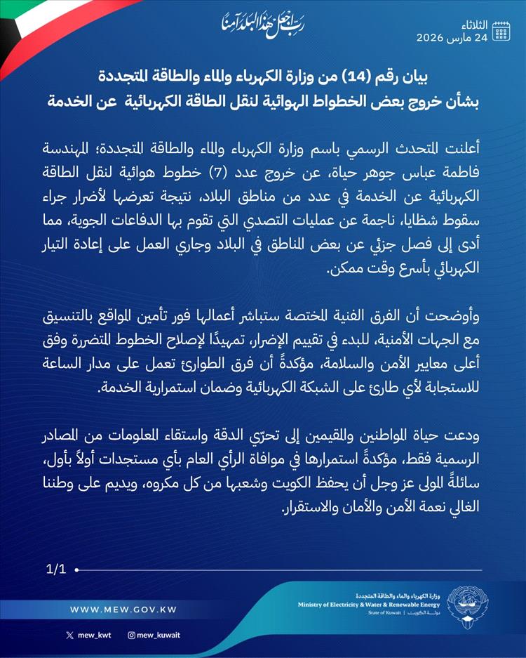 الكويت تعلن خروج خطوط كهرباء عن الخدمة بعد قصف إيراني