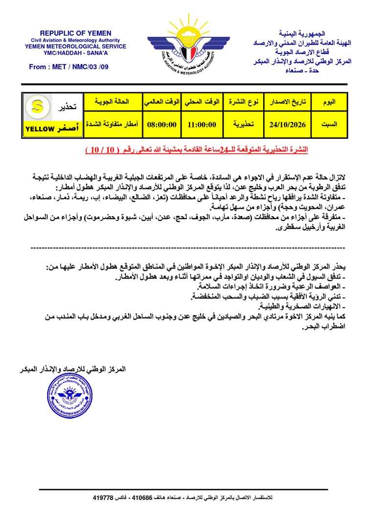 تحذير جوي يشمل عدن ومحافظات عدة.. أمطار رعدية ومخاطر سيول واضطراب البحر