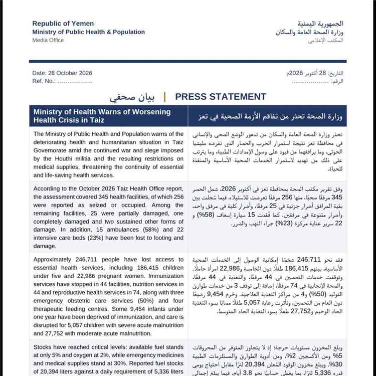 وزارة الصحة تحذر من تفاقم الأزمة الصحية في تعز
وتطالب برفع الحصار عنها (بيان)