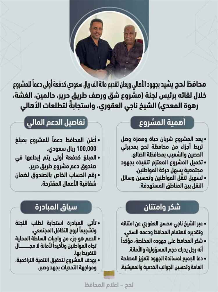 محافظ لحج يدعم مشروع طريق حرير – حالمين – الغشة – رهوة المعدي بـ100 ألف ريال سعودي كدفعة أولى