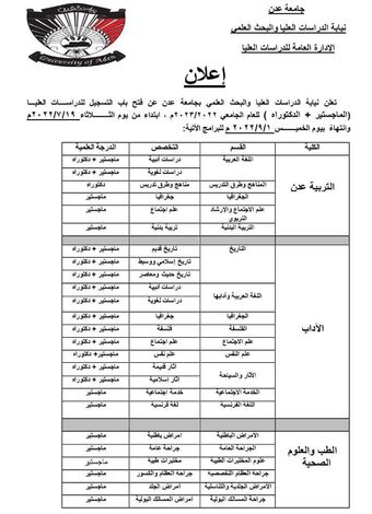 جامعة عدن تعلن فتح باب التسجيل للدراسات العليا (ماجستير+ دكتوراه)